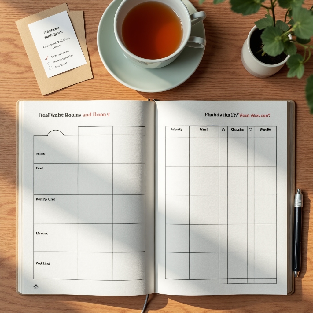 Materiales del curso vistos desde arriba: cuaderno de trabajo con cuadrícula de hábitos, bolígrafo y lista semanal