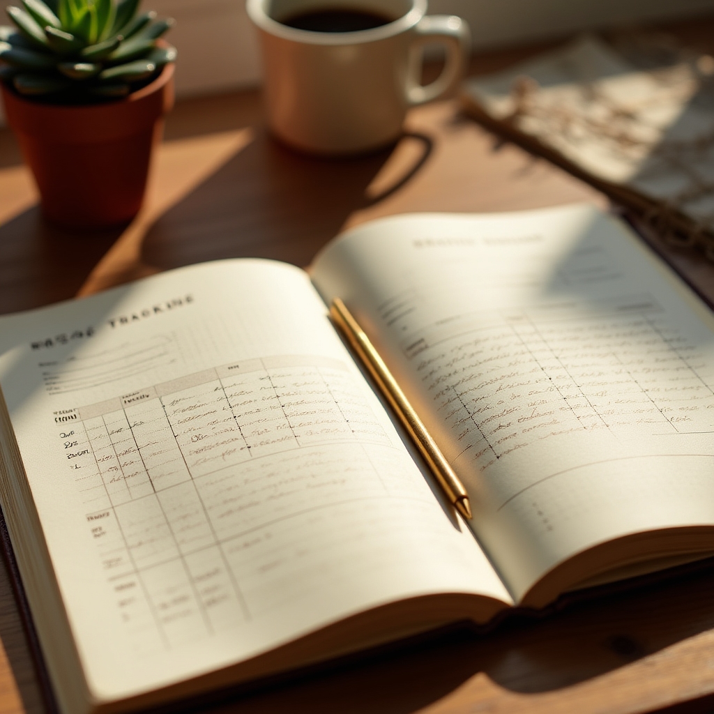 Cuaderno abierto sobre una mesa de madera con una cuadrícula de seguimiento de hábitos escrita a mano