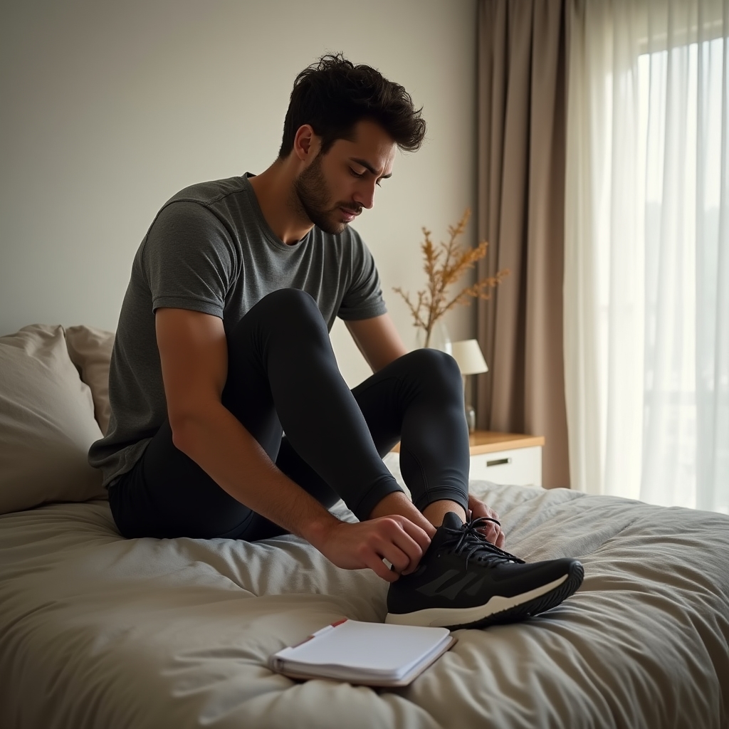 Hombre atándose las zapatillas de deporte sentado al borde de la cama en una habitación con luz de primera hora