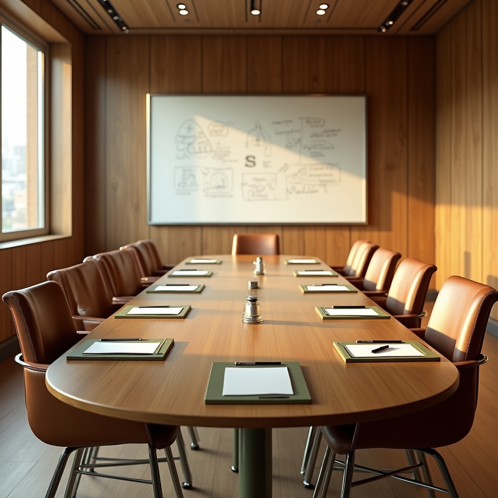 Sala de reuniones con mesa ovalada de madera, sillas de cuero y pizarra al fondo