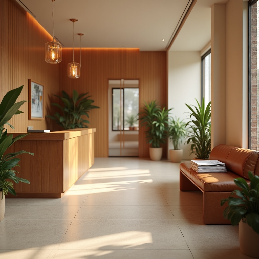 Recepción de la oficina con escritorio de madera, banco de cuero y luz natural procedente de un ventanal
