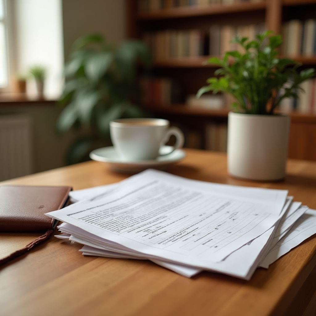 Detalle de un escritorio con fichas de trabajo impresas, cuaderno de cuero y una taza de café