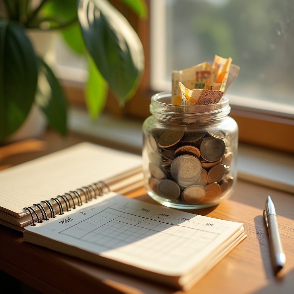 Tarro de cristal con monedas y billetes junto a un cuaderno de seguimiento de ahorro sobre un alféizar de madera