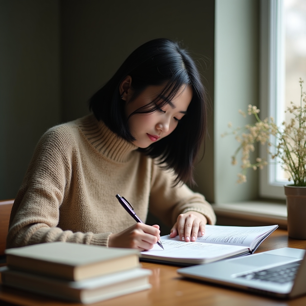 Mujer joven escribiendo en una agenda de estudio junto a un ordenador portátil y libros sobre un escritorio de madera