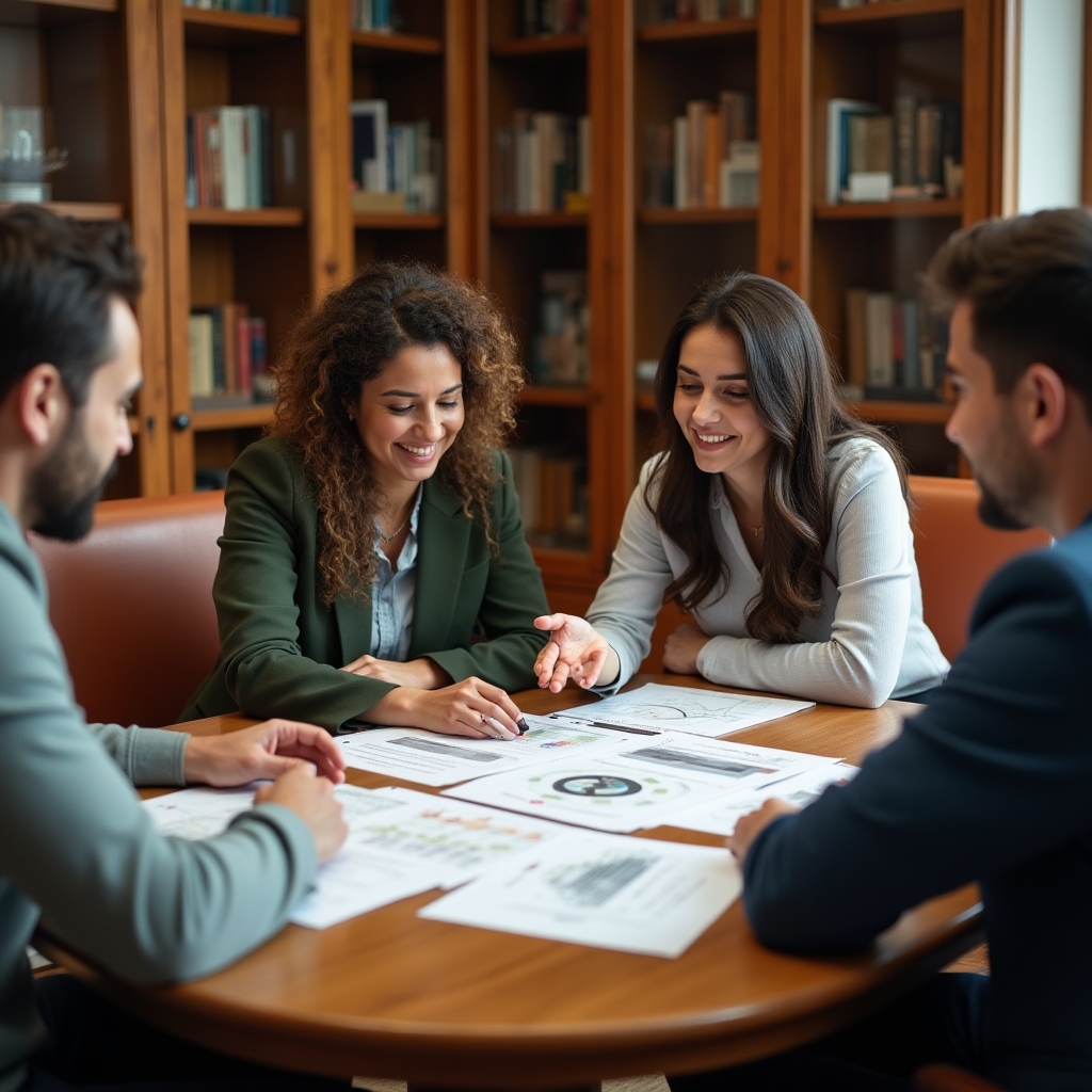 Equipo de cuatro profesionales revisando juntos gráficos impresos de rutinas de comportamiento en una mesa de reuniones de madera